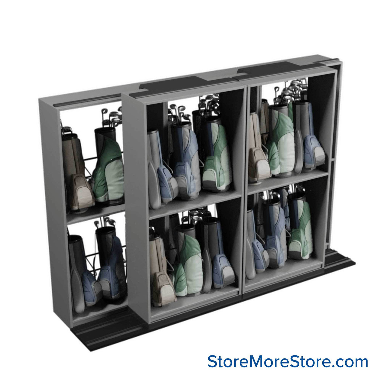 Mobile Shelving for Golf Bag Storage, 148" W x 38" D x 103" H, 30 Golf Bags