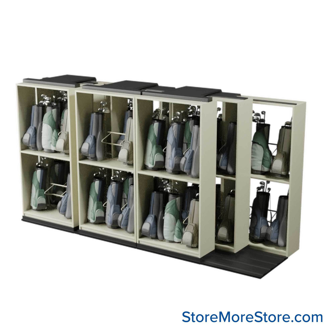 Mobile Shelving for Golf Bag Storage, 196" W x 58" D x 104" H, 60 Golf Bags