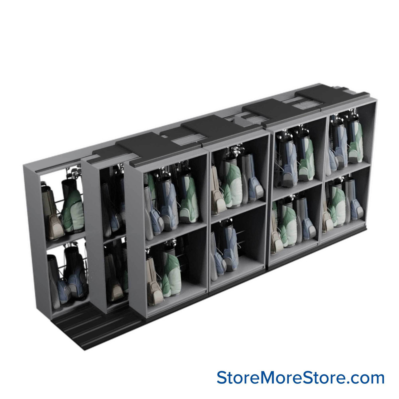 Mobile Shelving for Golf Bag Storage, 249" W x 58" D x 104" H, 78 Golf Bags