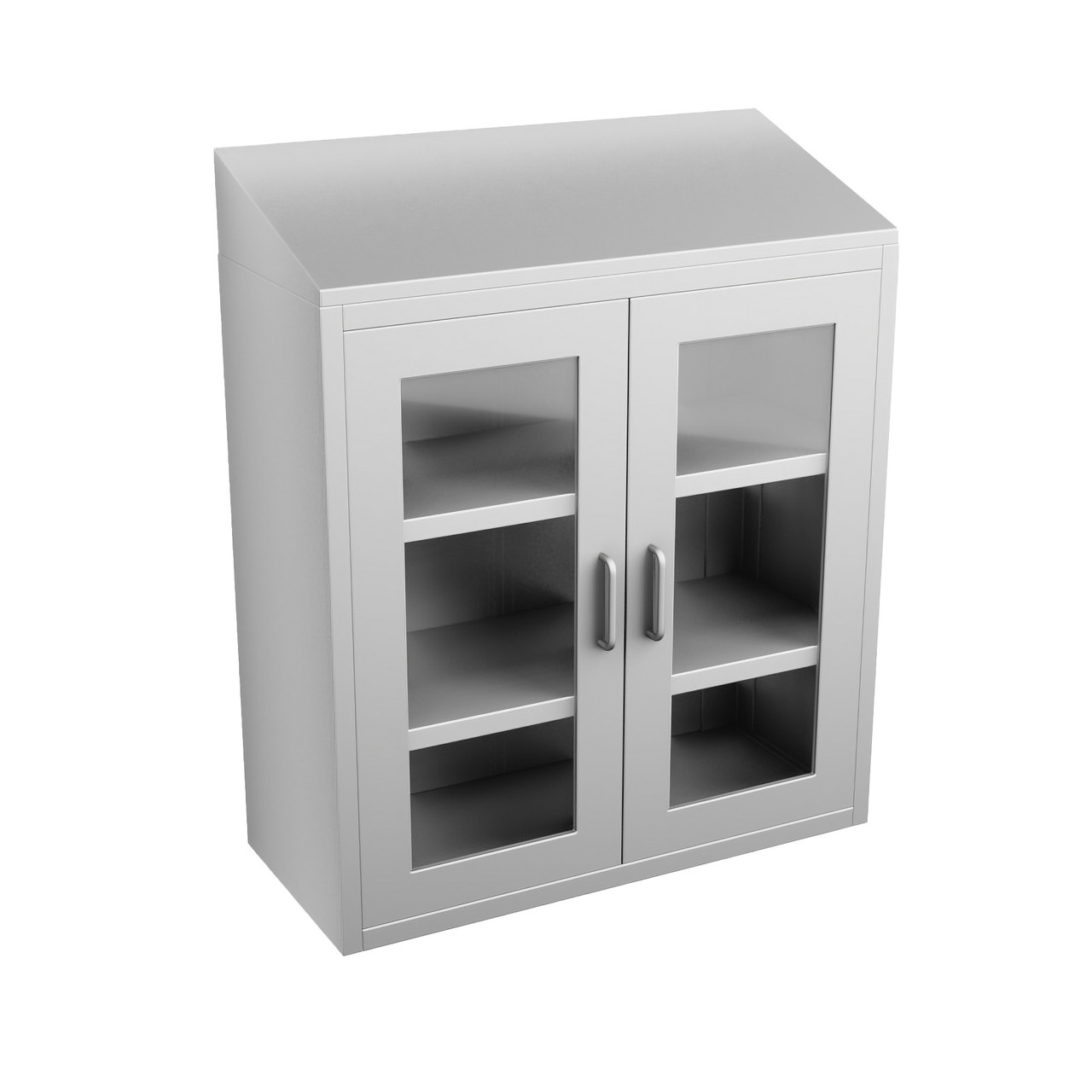 Stainless Steel Wall Mounted Cabinets, 30" W x 16" D x 36" H, Sloped Top, Framed Glass Double Doors, Key Lock