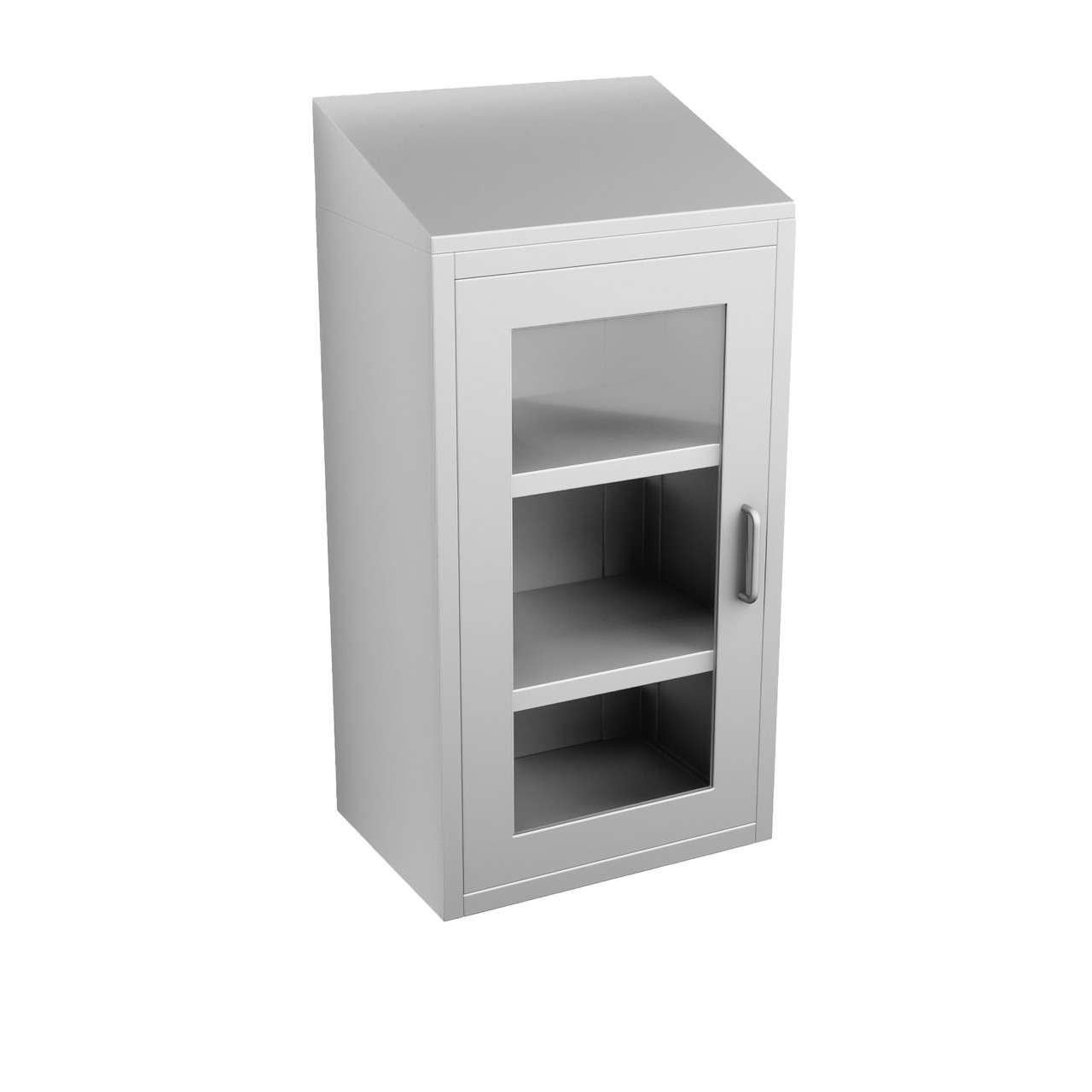 Stainless Steel Wall Mounted Cabinets, 18" W x 13" D x 36" H, Sloped Top, Framed Glass Left Swing Door, Key Lock