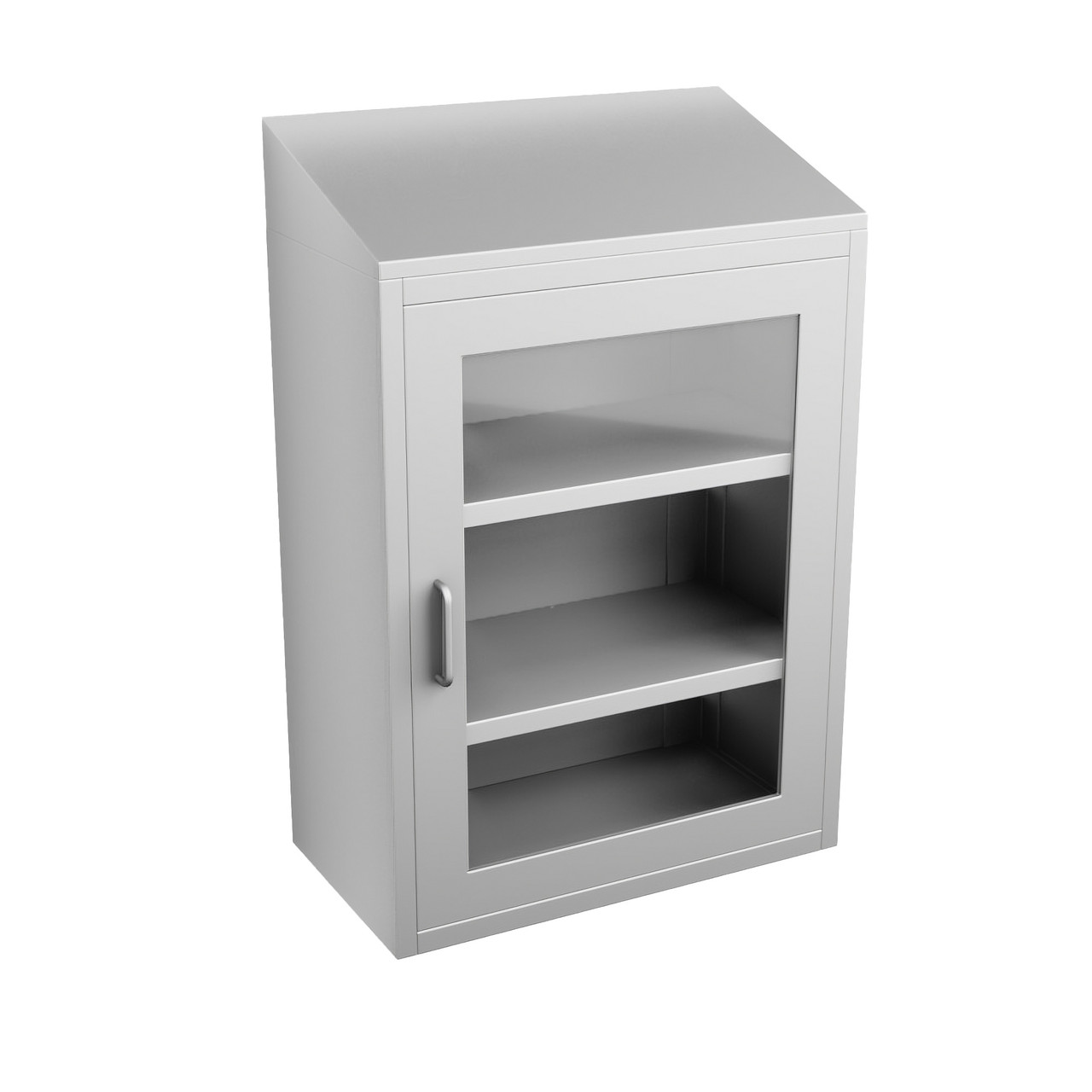 Stainless Steel Wall Mounted Cabinets, 24" W x 13" D x 36" H, Sloped Top, Framed Glass Right Swing Door, Key Lock