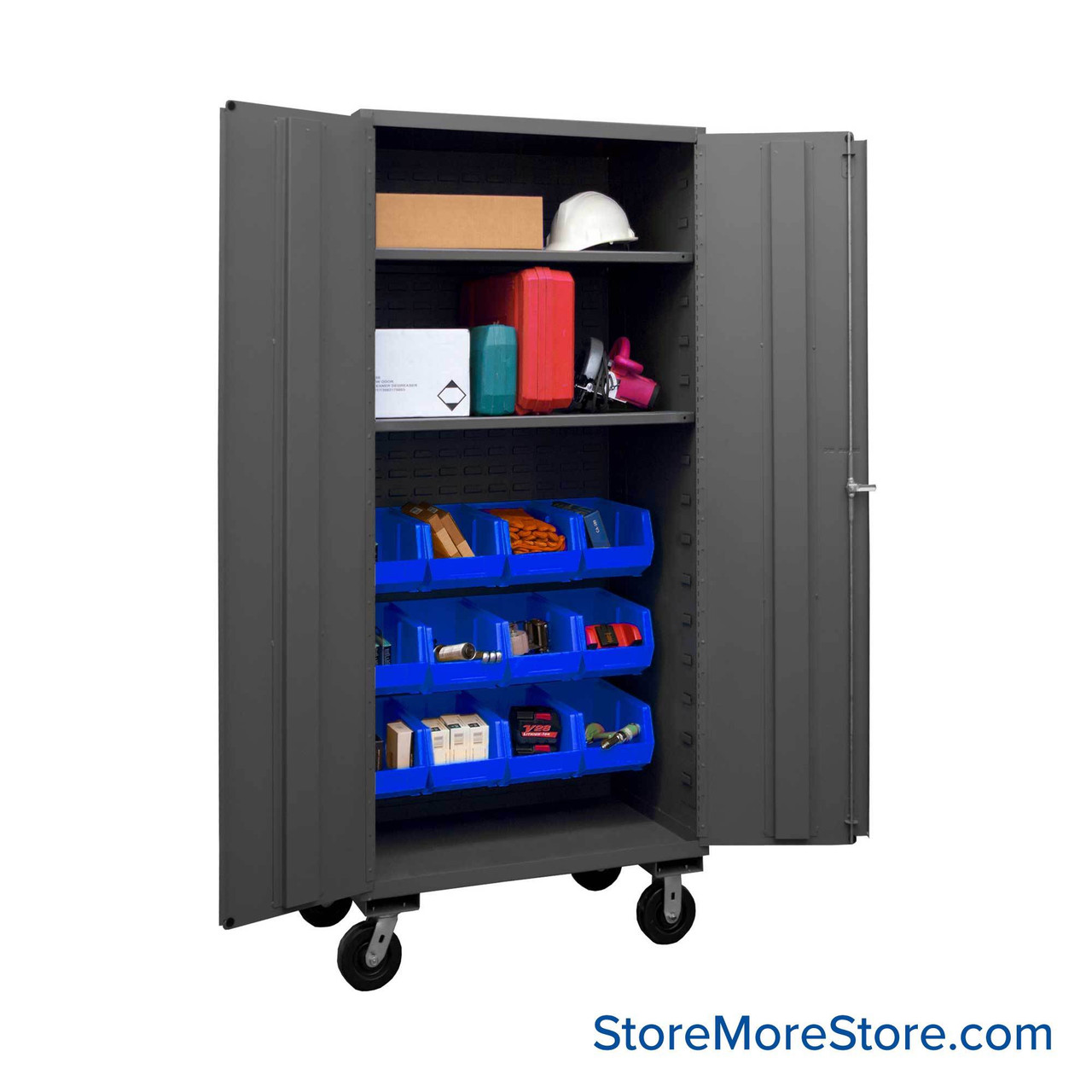 Mobile Bin Storage Cabinet, 36" W, 2 Shelves, 12 Bins, 14-Gauge Steel