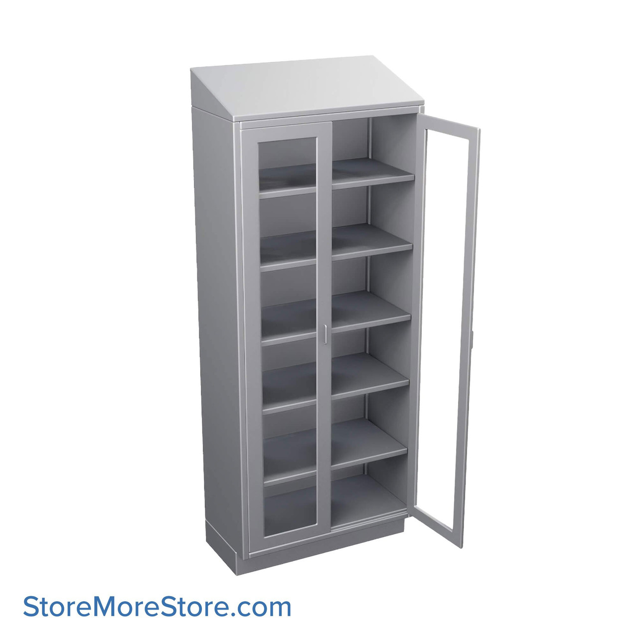 Stainless Steel Cabinet, 36" W x 18" D x 89" H, Sloped Top, Glass Door, Double Doors, Key Lock