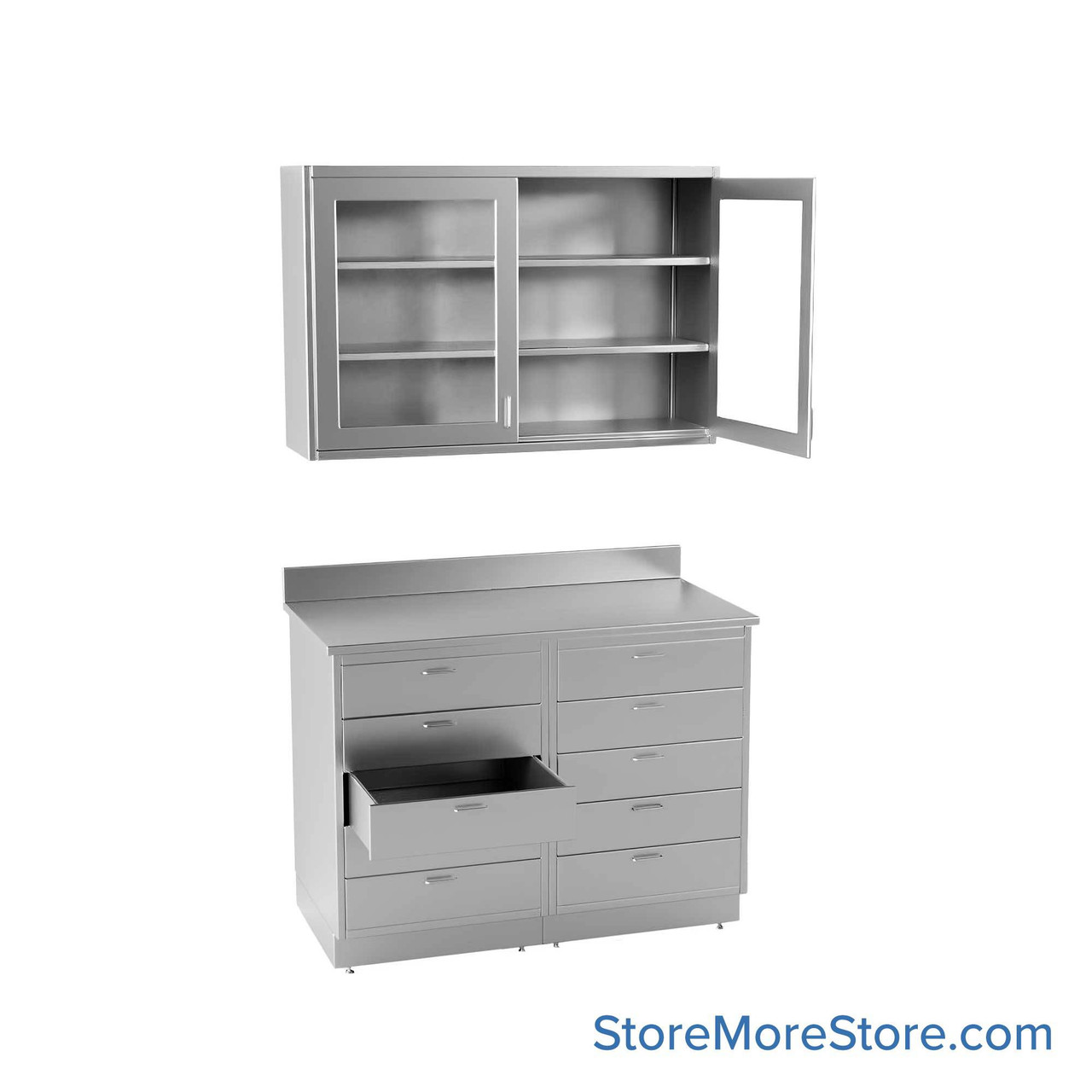 Commercial Stainless Steel Cabinets, 49" W x 96" H, Flat Top Upper + Lower Cabinet, 10 Drawers