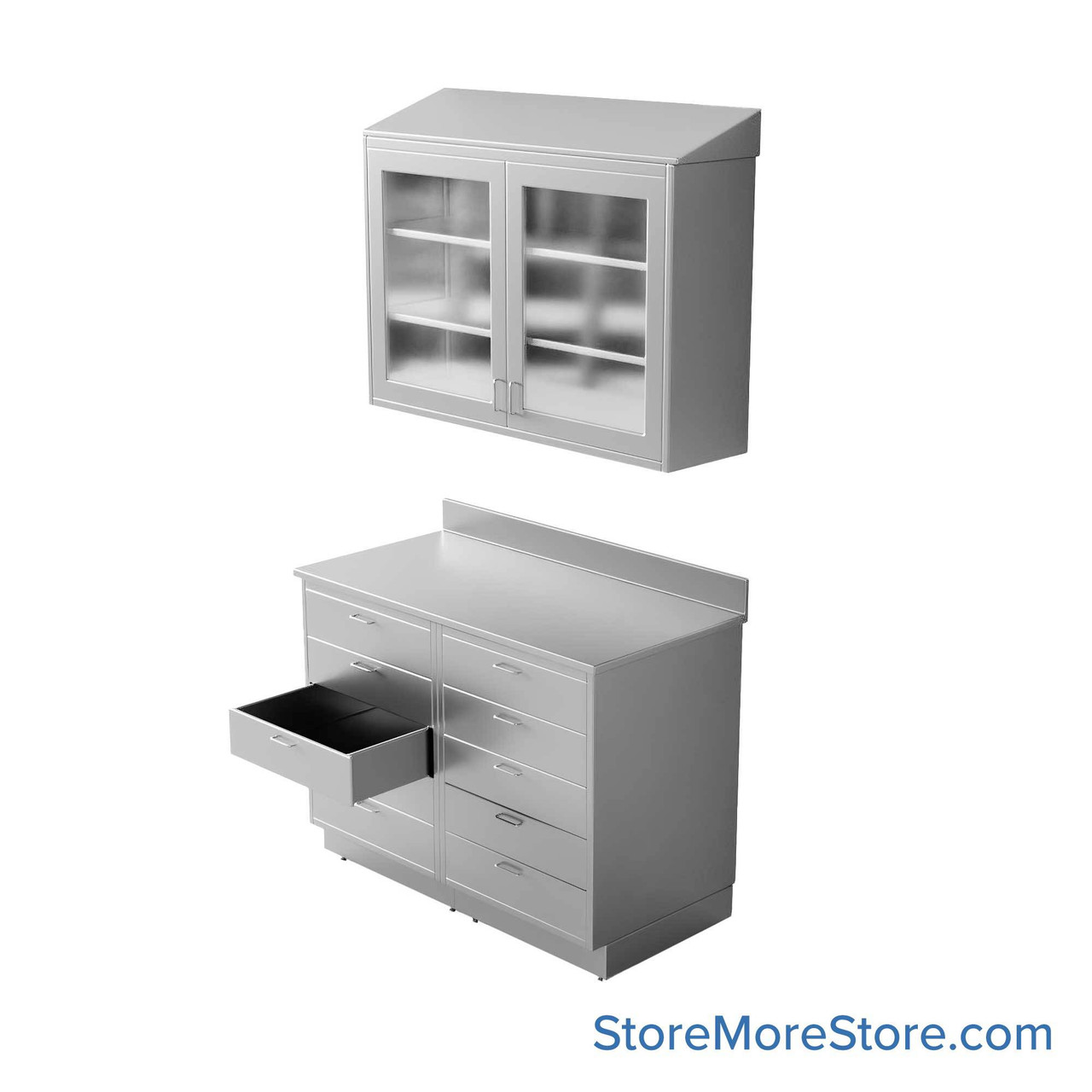 Commercial Stainless Steel Cabinets, 49" W x 96" H, Sloped Top Upper + Lower Cabinet, 10 Drawers