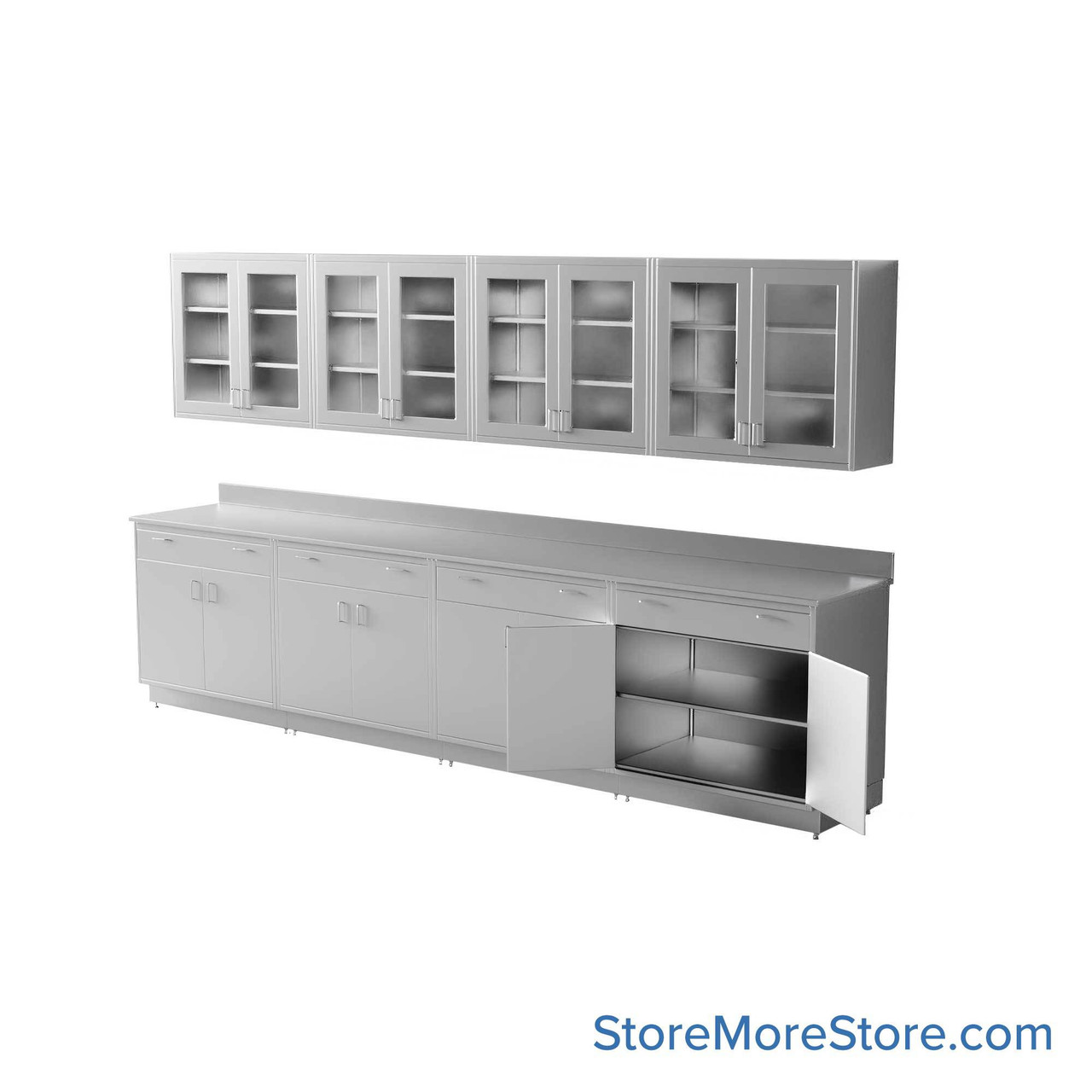 Commercial Stainless Steel Cabinets, 145" W x 96" H, Flat Top Upper + Lower Cabinet, 4 Drawers