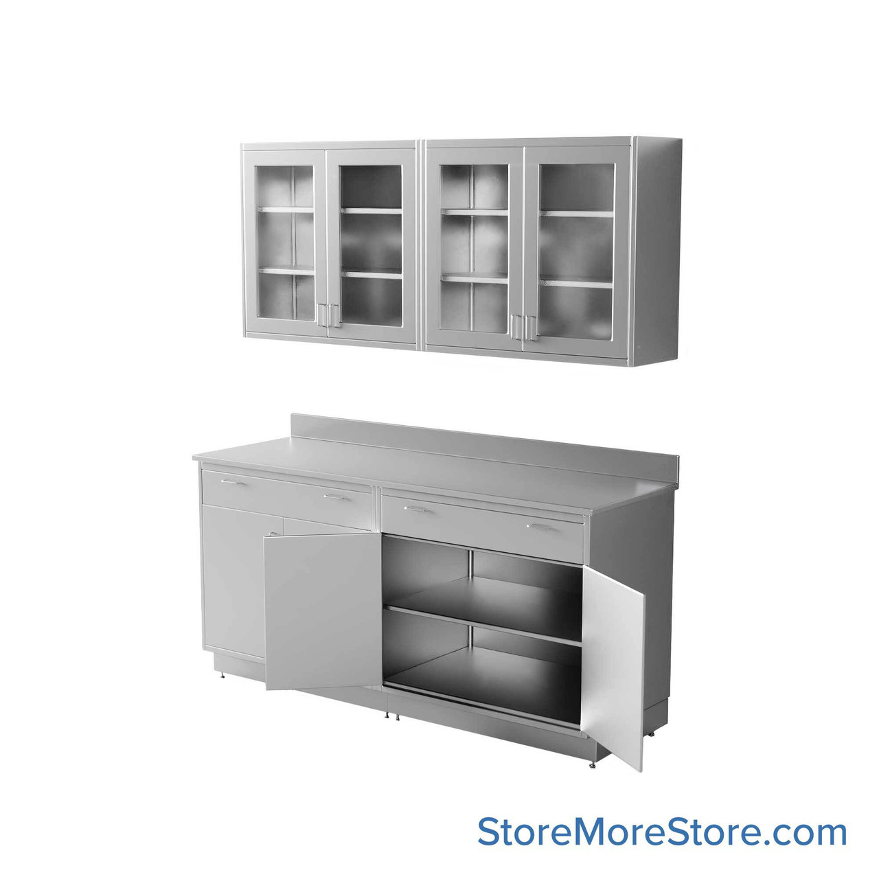 Commercial Stainless Steel Cabinets, 73" W x 96" H, Flat Top Upper + Lower Cabinet, 2 Drawers