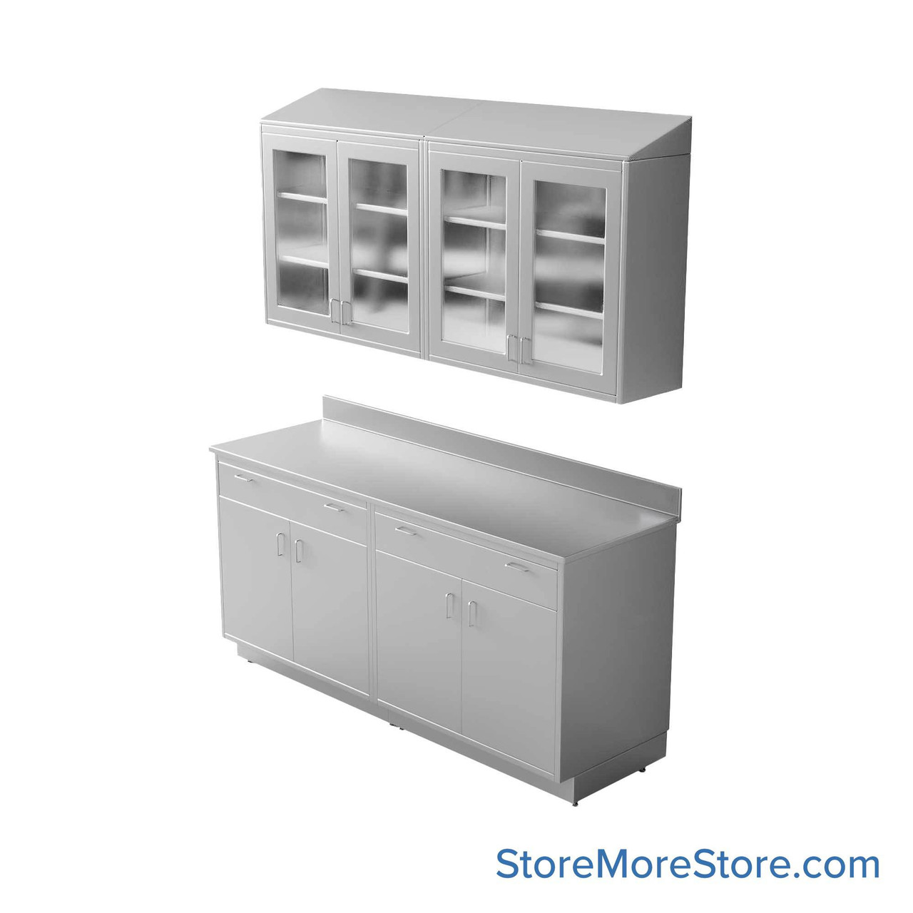 Commercial Stainless Steel Cabinets, 73" W x 96" H, Sloped Top Upper + Lower Cabinet, 2 Drawers