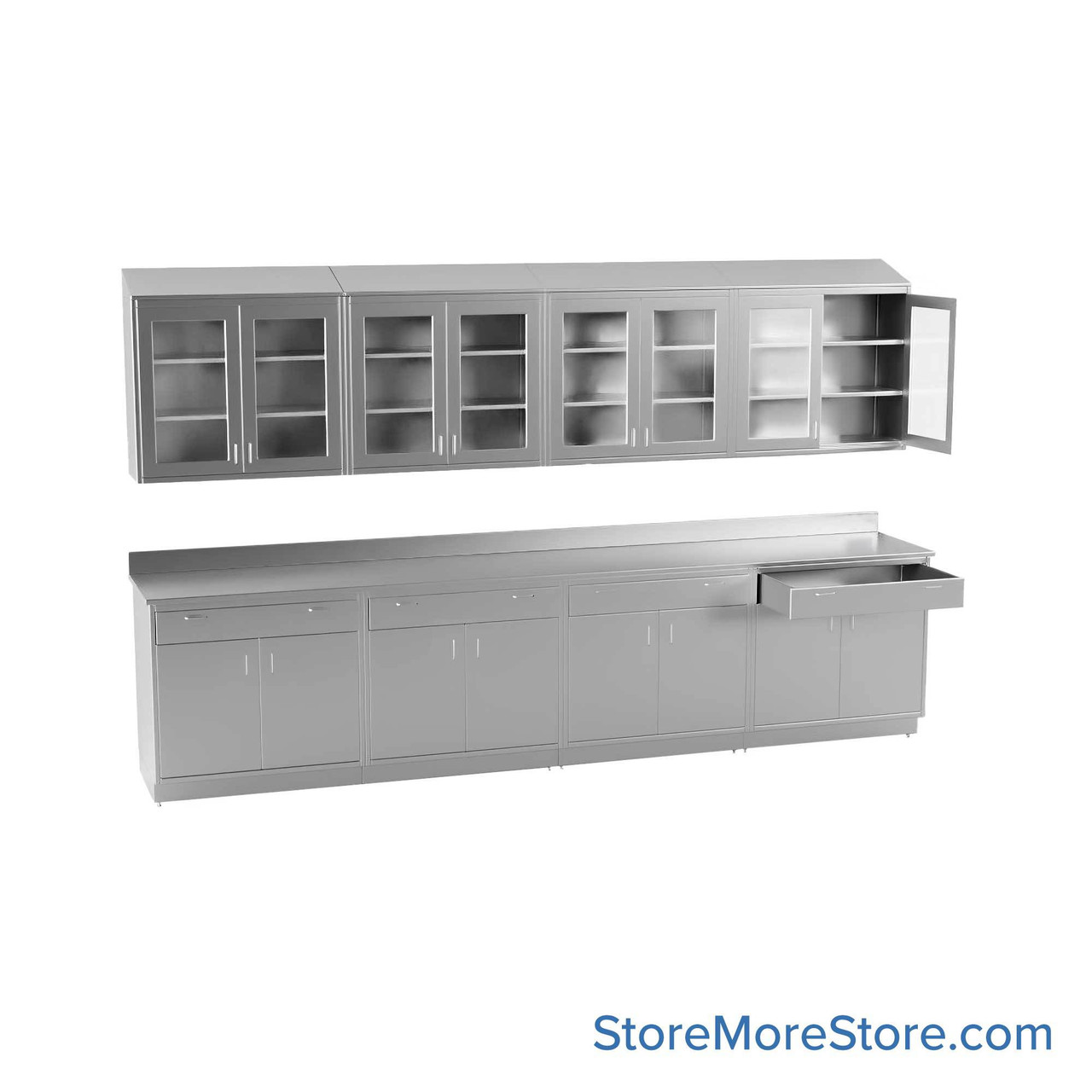 Commercial Stainless Steel Cabinets, 145" W x 96" H, Sloped Top Upper + Lower Cabinet, 4 Drawers