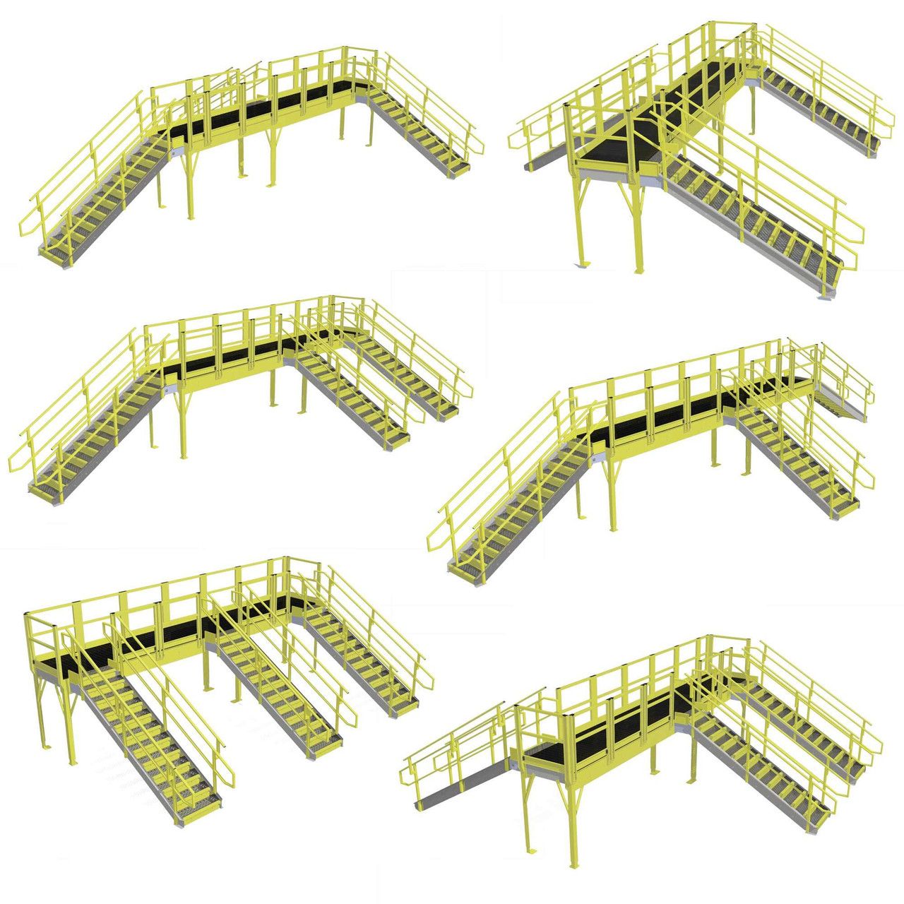 Crossover Platforms, 484" W x 93.25" H, 3 Stairways, Perforated Grating
