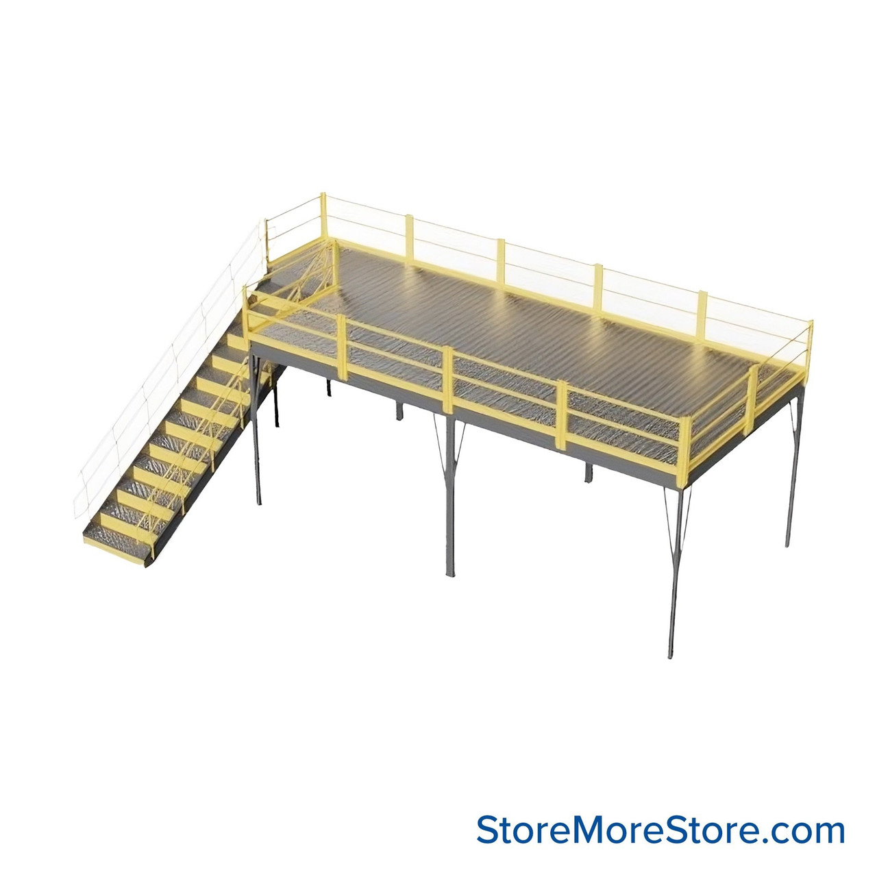 Warehouse Mezzanine, 120" W x 240" D x 96" H, Solid Steel Grating, IBC Approved Stairway
