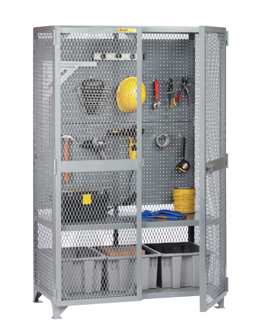 Wire Mesh Cabinet, 63" W x 25" D x 78" H, 1 Fixed Shelf, Foot Pads, Pegboard Panel 48" High