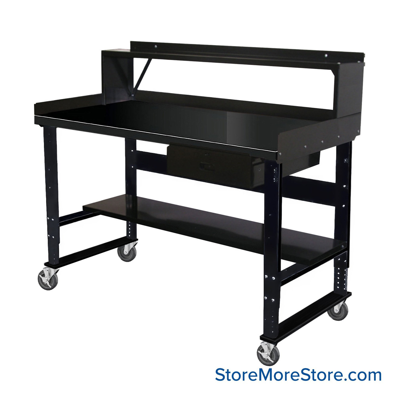 Industrial Workbenches, 48" W x 30" D, Steel, 18"W x 6"H Drawer, 3"H Back & End Stop, 10"D Riser Shelf, 11"D Lower Shelf, Includes Casters