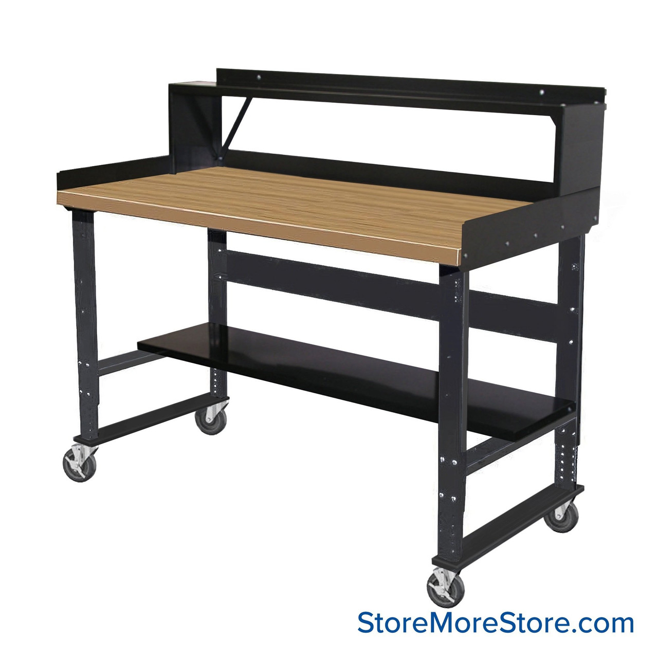 Industrial Workbenches, 60" W x 30" D, Maple, 3"H Back & End Stop, 10"D Riser Shelf, 11"D Lower Shelf, Includes Casters