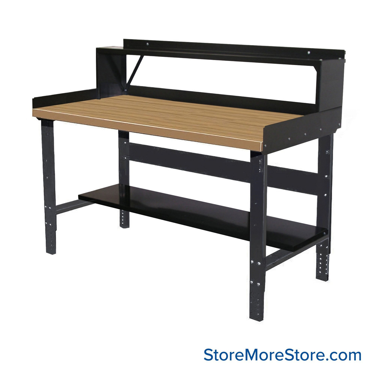 Industrial Workbenches, 48" W x 30" D, Maple, 3"H Back & End Stop, 10"D Riser Shelf, 11"D Lower Shelf