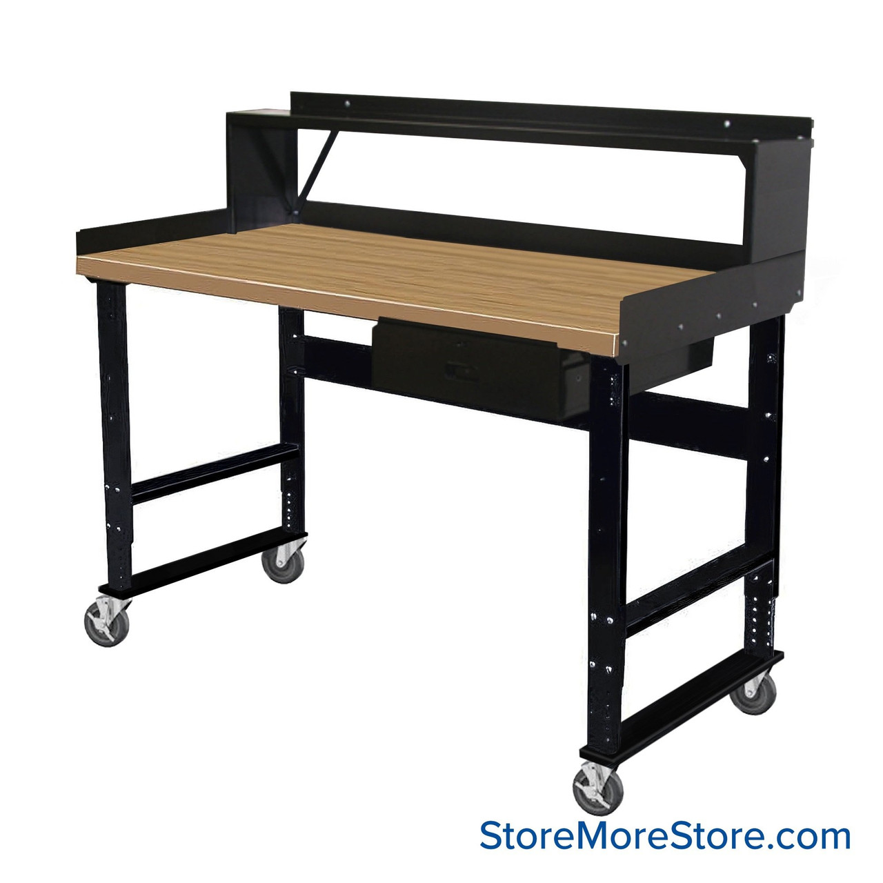 Industrial Workbenches, 48" W x 30" D, Shop Top, 18"W x 6"H Drawer, 3"H Back & End Stop, 10"D Riser Shelf, Includes Casters
