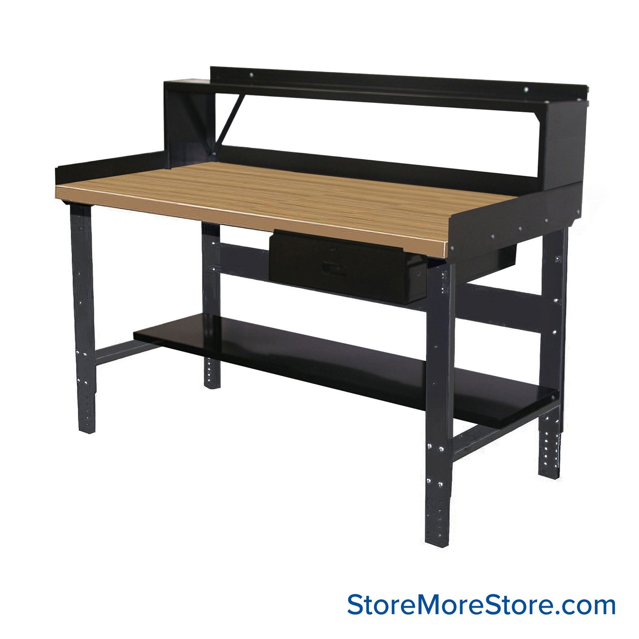 Industrial Workbenches, 72" W x 36" D, Maple, 18"W x 6"H Drawer, 3"H Back & End Stop, 10"D Riser Shelf, 11"D Lower Shelf
