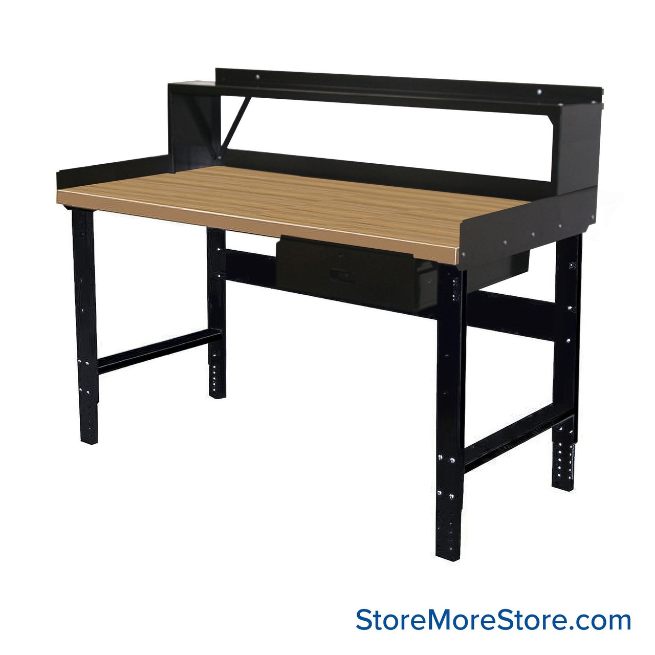 Industrial Workbenches, 48" W x 30" D, Shop Top, 18"W x 6"H Drawer, 3"H Back & End Stop, 10"D Riser Shelf