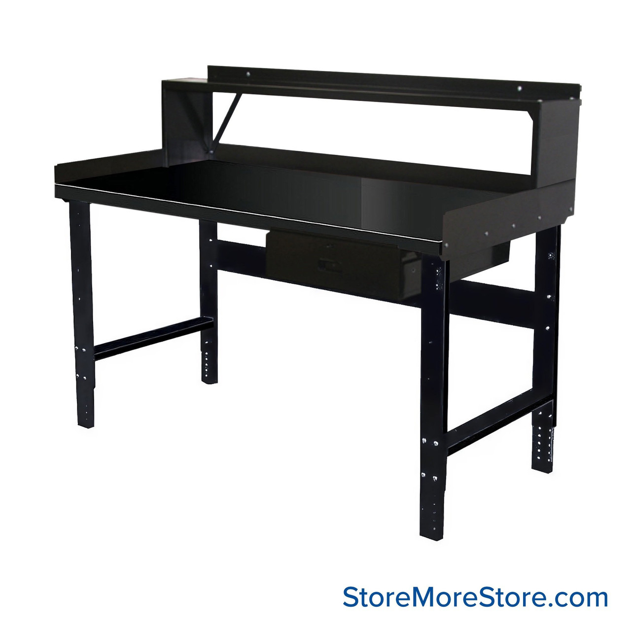 Industrial Workbenches, 48" W x 30" D, Steel, 18"W x 6"H Drawer, 3"H Back & End Stop, 10"D Riser Shelf