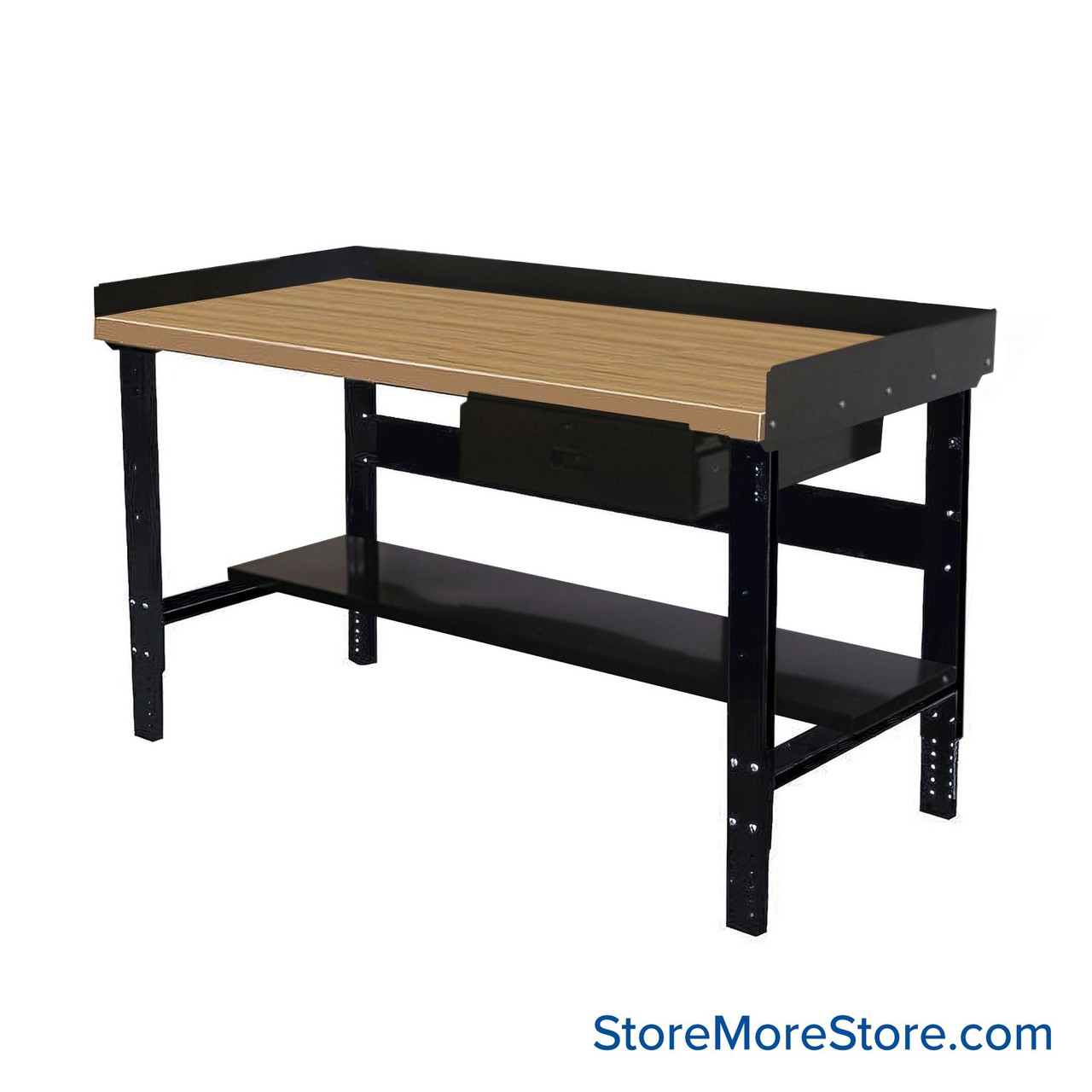 Industrial Workbenches, 48" W x 30" D, Shop Top, 18"W x 6"H Drawer, 3"H Back & End Stop, 11"D Lower Shelf, Includes Casters