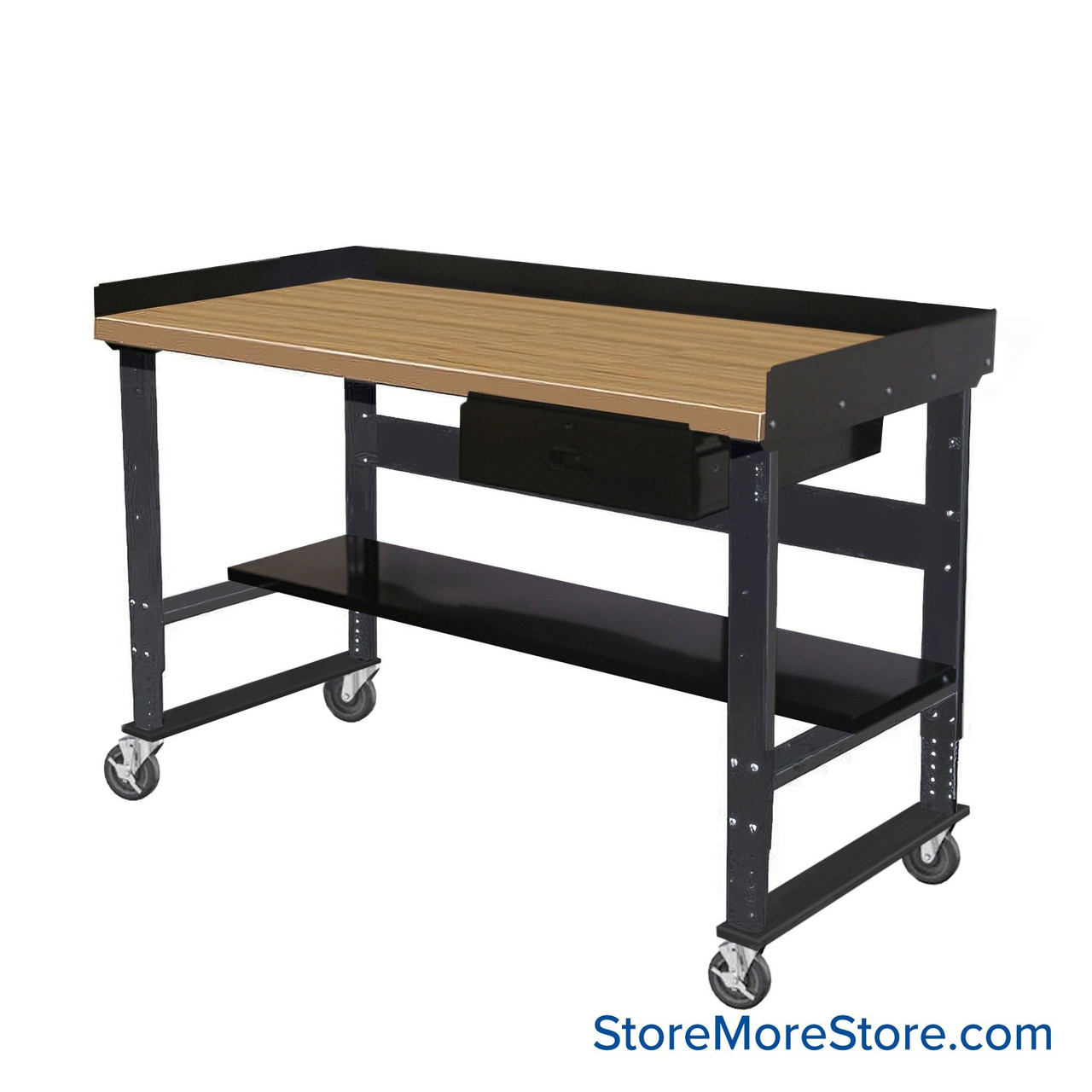 Industrial Workbenches, 60" W x 30" D, Maple, 18"W x 6"H Drawer, 3"H Back & End Stop, 11"D Lower Shelf, Includes Casters