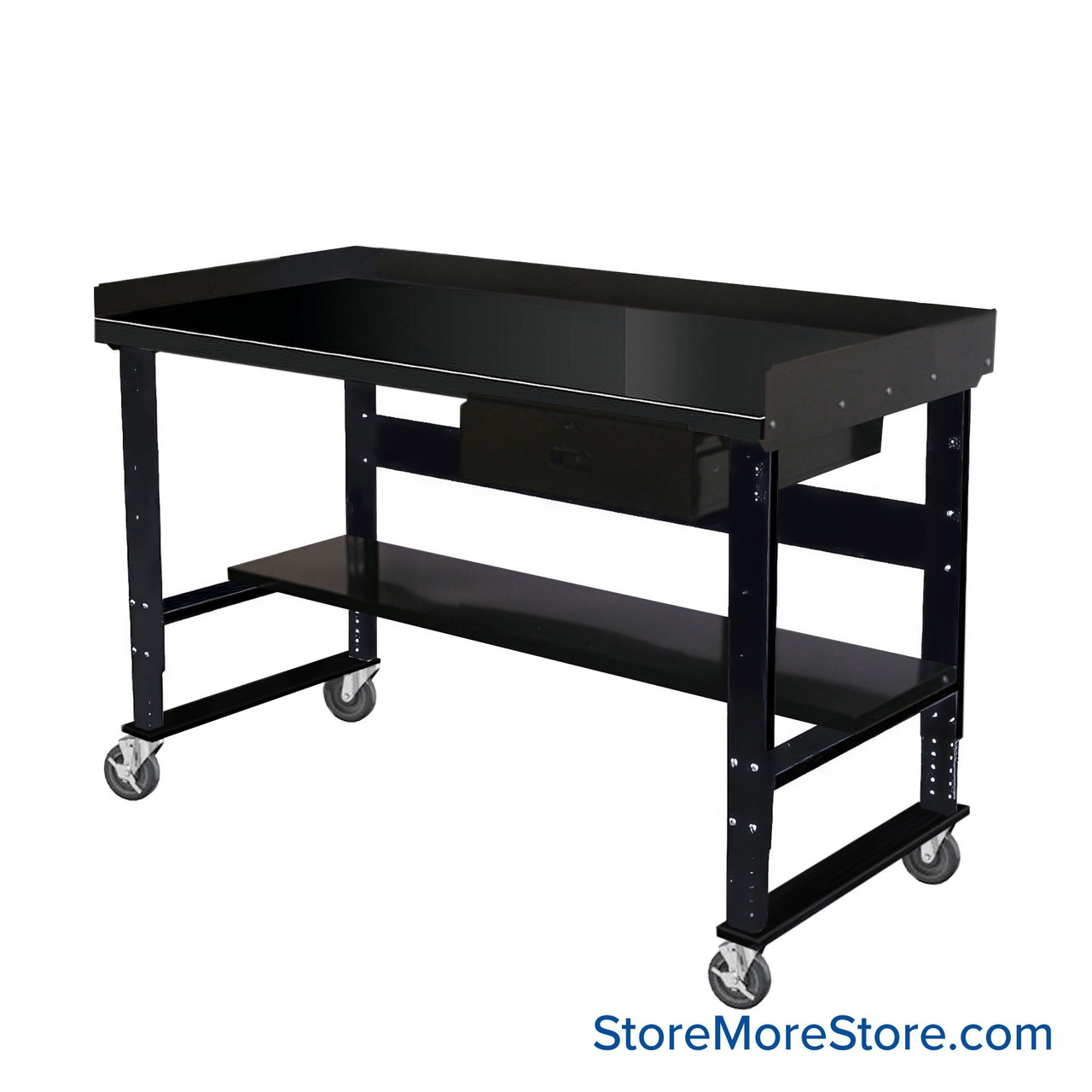 Industrial Workbenches, 48" W x 30" D, Steel, 18"W x 6"H Drawer, 3"H Back & End Stop, 11"D Lower Shelf, Includes Casters