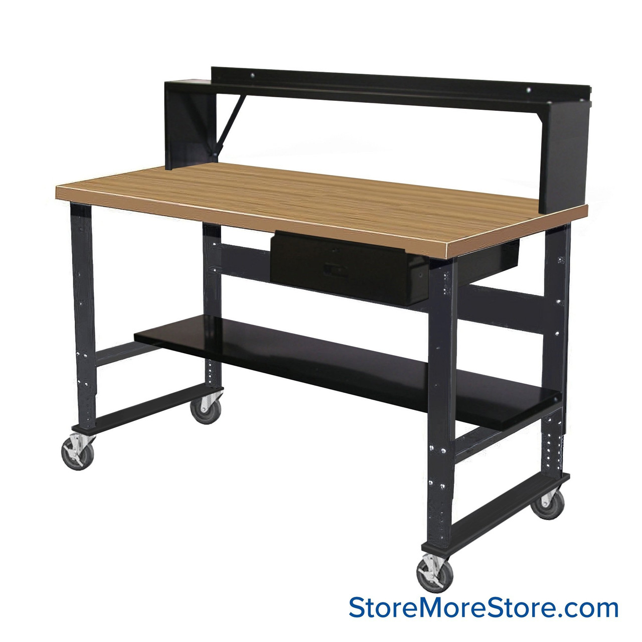 Industrial Workbenches, 48" W x 30" D, Maple, 18"W x 6"H Drawer, 10"D Riser Shelf, 11"D Lower Shelf, Includes Casters