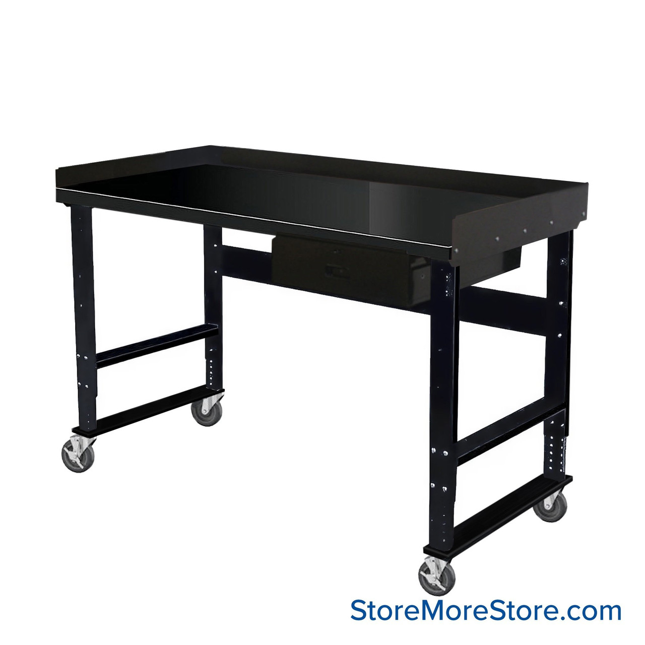Industrial Workbenches, 72" W x 30" D, Steel, 18"W x 6"H Drawer, 3"H Back & End Stop, Includes Casters