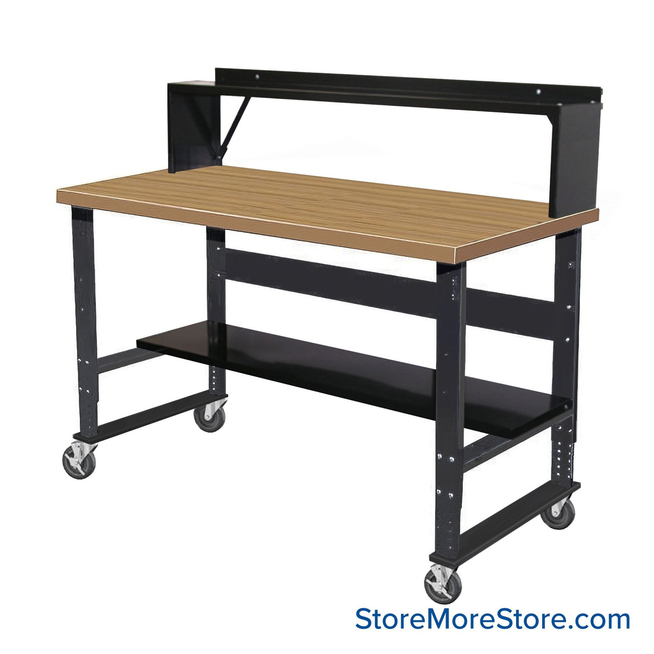 Industrial Workbenches, 72" W x 30" D, Maple, 10"D Riser Shelf, 11"D Lower Shelf, Includes Casters