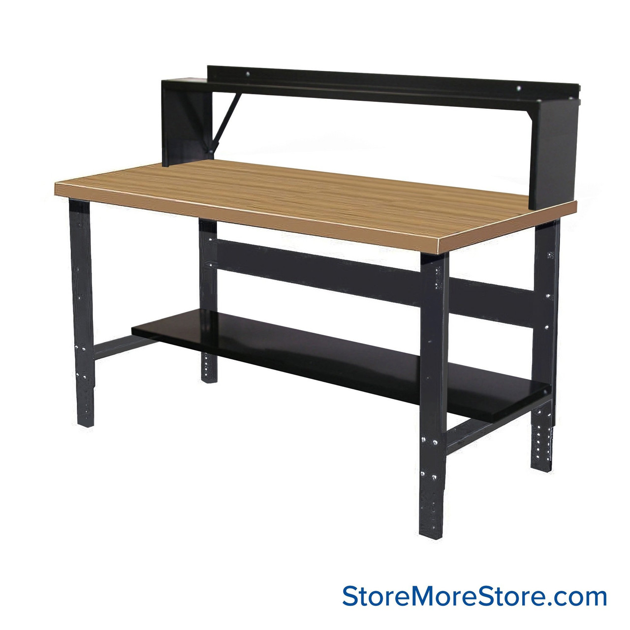 Industrial Workbenches, 60" W x 30" D, Maple, 10"D Riser Shelf, 11"D Lower Shelf