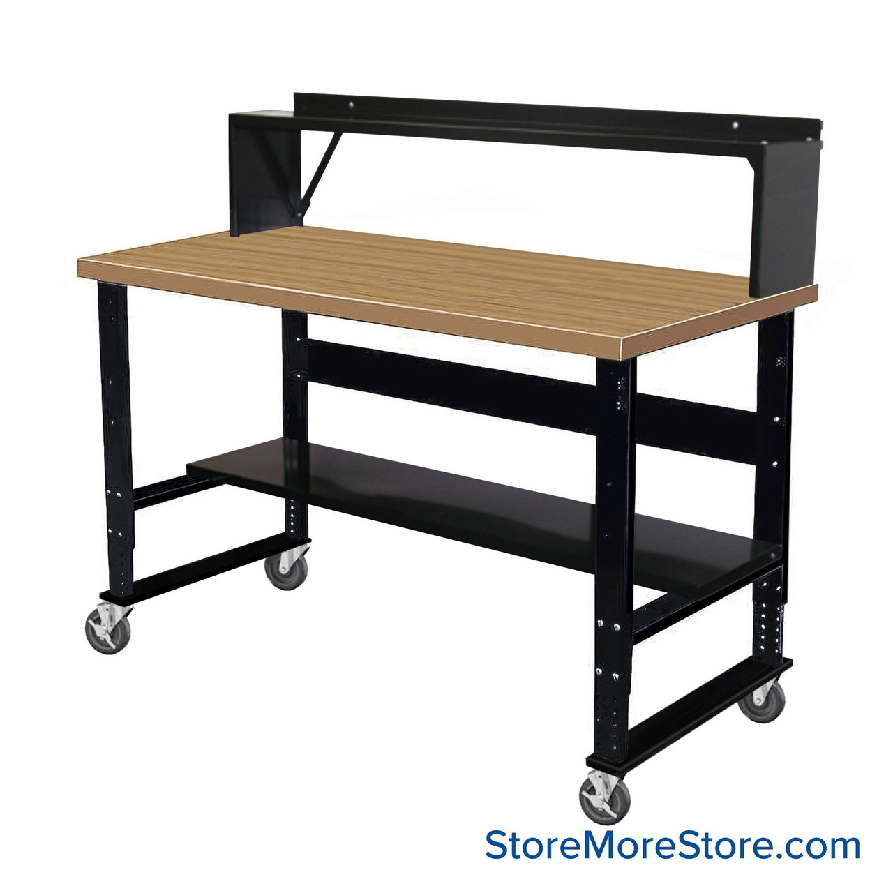 Industrial Workbenches, 72" W x 36" D, Shop Top, 10"D Riser Shelf, 11"D Lower Shelf, Includes Casters