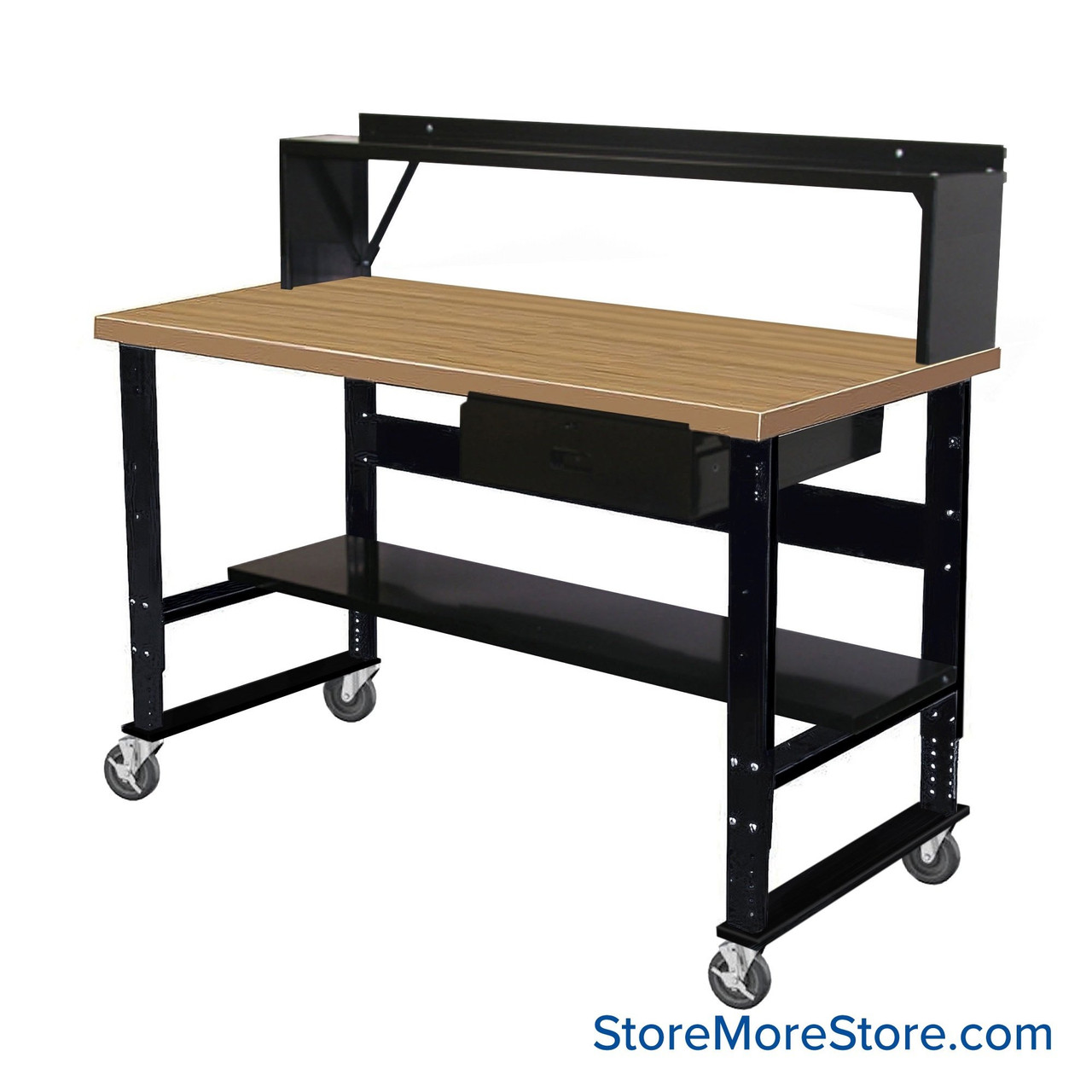 Industrial Workbenches, 72" W x 36" D, Shop Top, 18"W x 6"H Drawer, 10"D Riser Shelf, 11"D Lower Shelf, Includes Casters