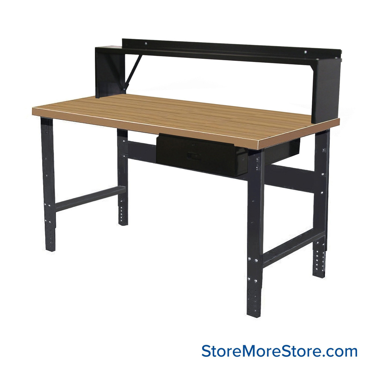 Industrial Workbenches, 48" W x 30" D, Maple, 18"W x 6"H Drawer, 10"D Riser Shelf