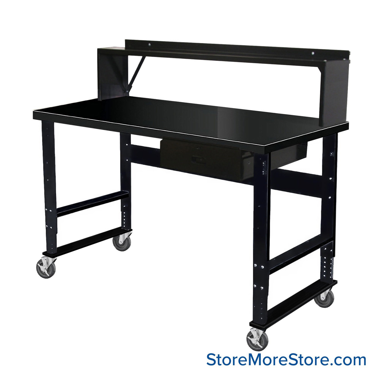 Industrial Workbenches, 48" W x 30" D, Steel, 18"W x 6"H Drawer, 10"D Riser Shelf, Includes Casters