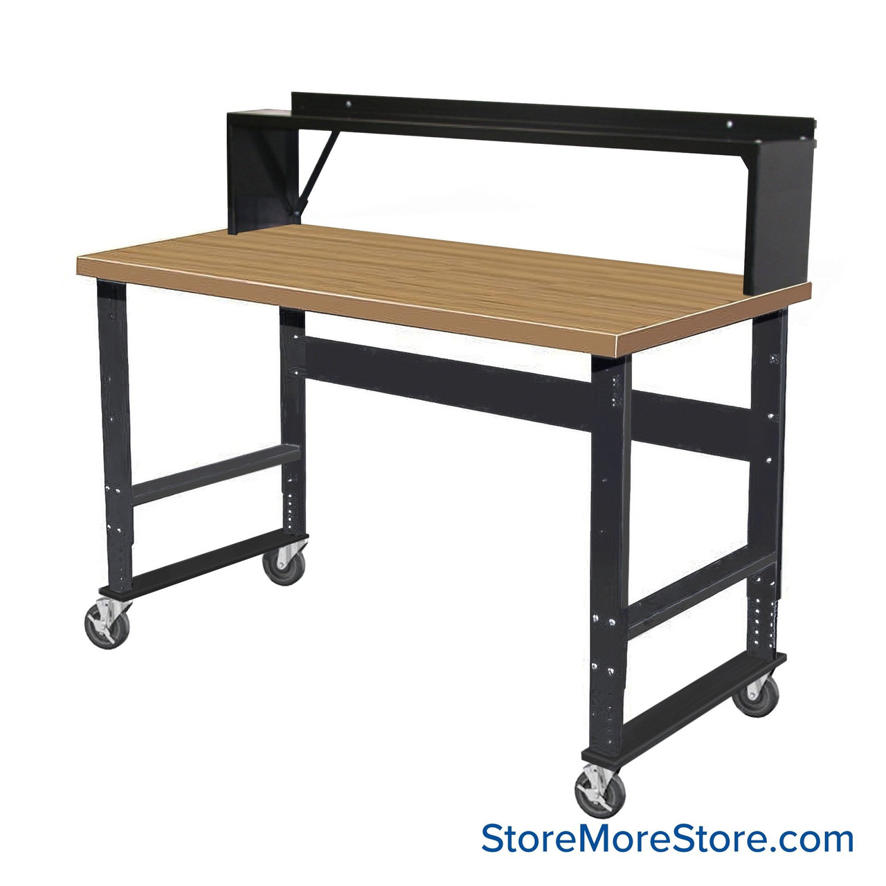 Industrial Workbenches, 72" W x 36" D, Maple, 10"D Riser Shelf, Includes Casters