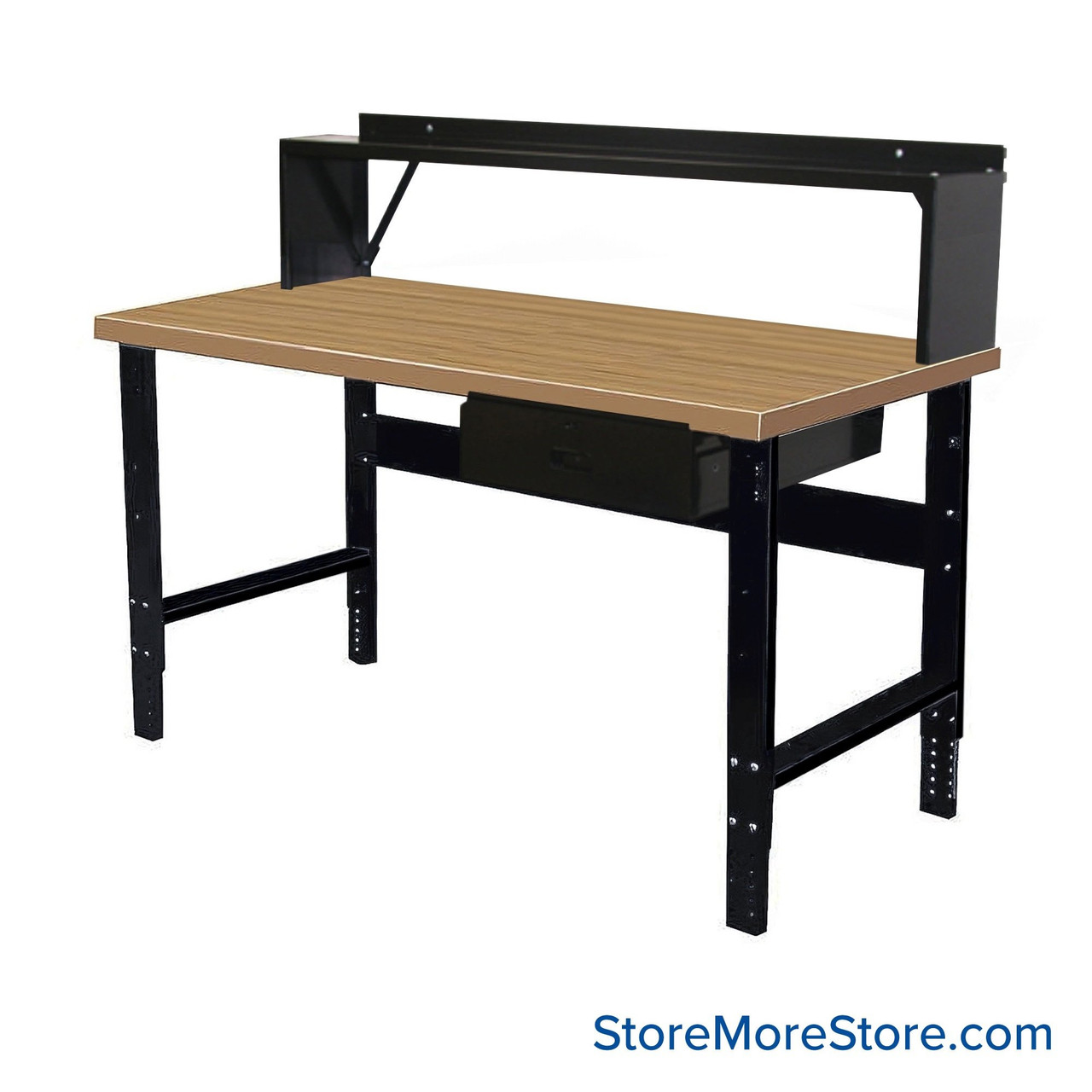 Industrial Workbenches, 72" W x 36" D, Shop Top, 18"W x 6"H Drawer, 10"D Riser Shelf