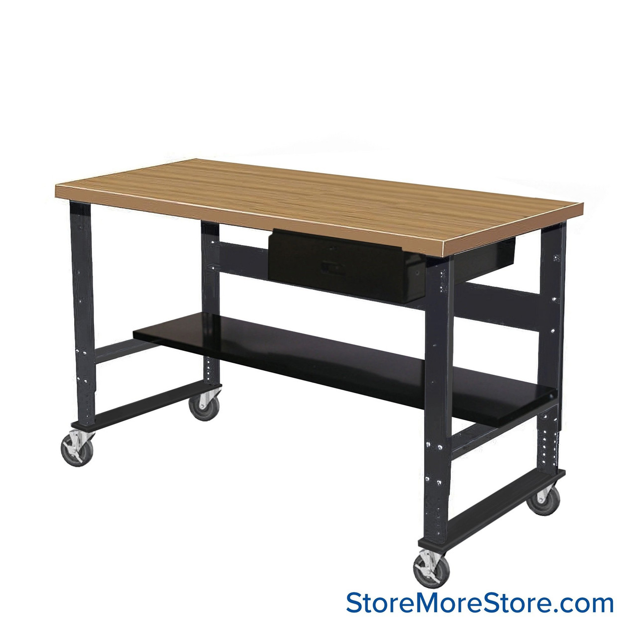 Industrial Workbenches, 72" W x 36" D, Maple, 18"W x 6"H Drawer, 11"D Lower Shelf, Includes Casters