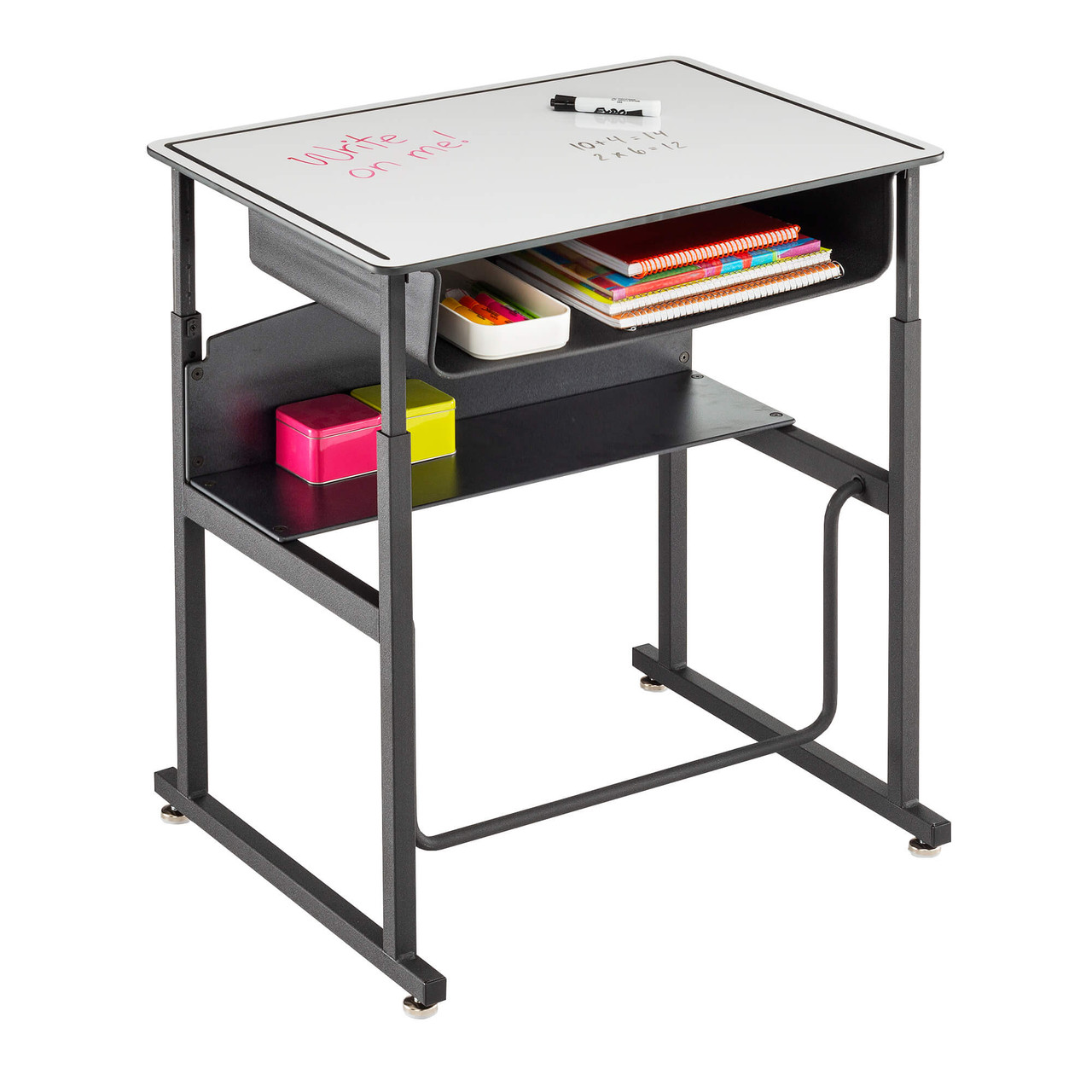 Standing Student Desk with Footrest, Shelf, and Organizer Box