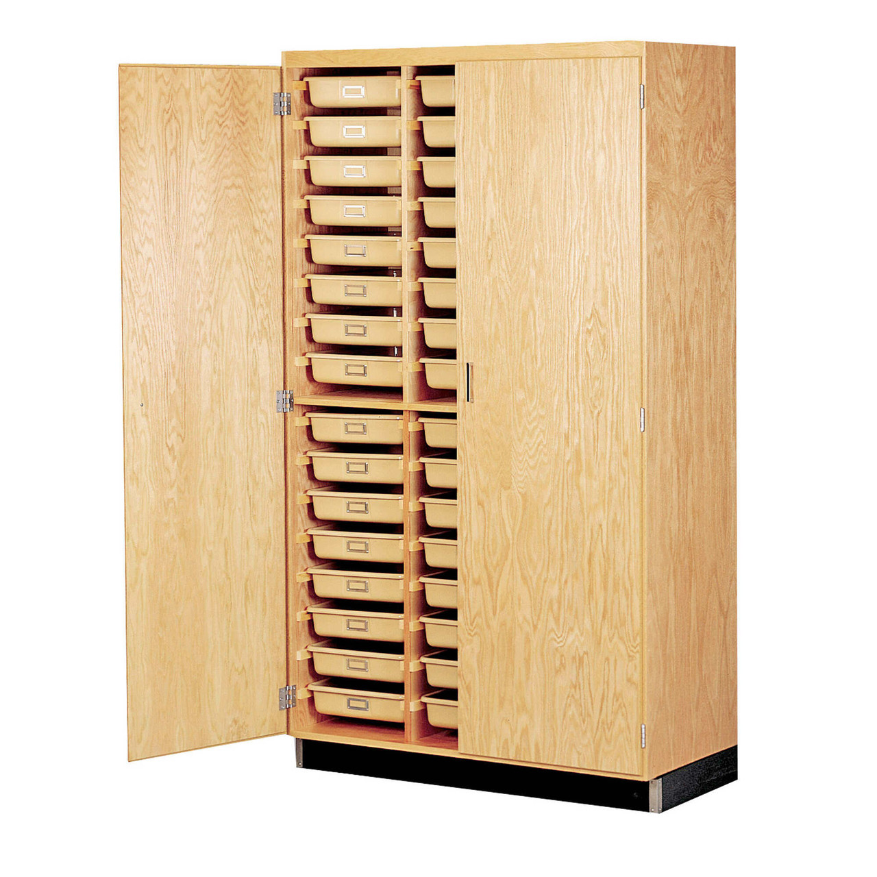 Tote Tray Storage Cabinet with Locking Oak Doors