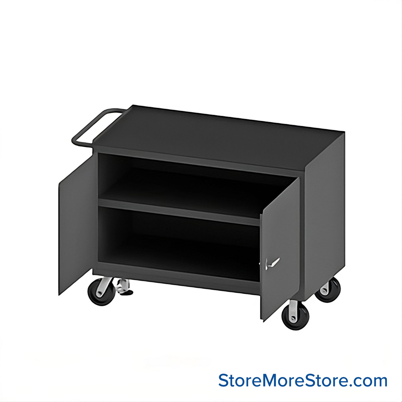 Mobile Workbench Cart, 54.25" W x 37.75" H, Black Rubber Mat, No Drawers/ 1 Shelf, 2 Doors, Includes Floor Lock