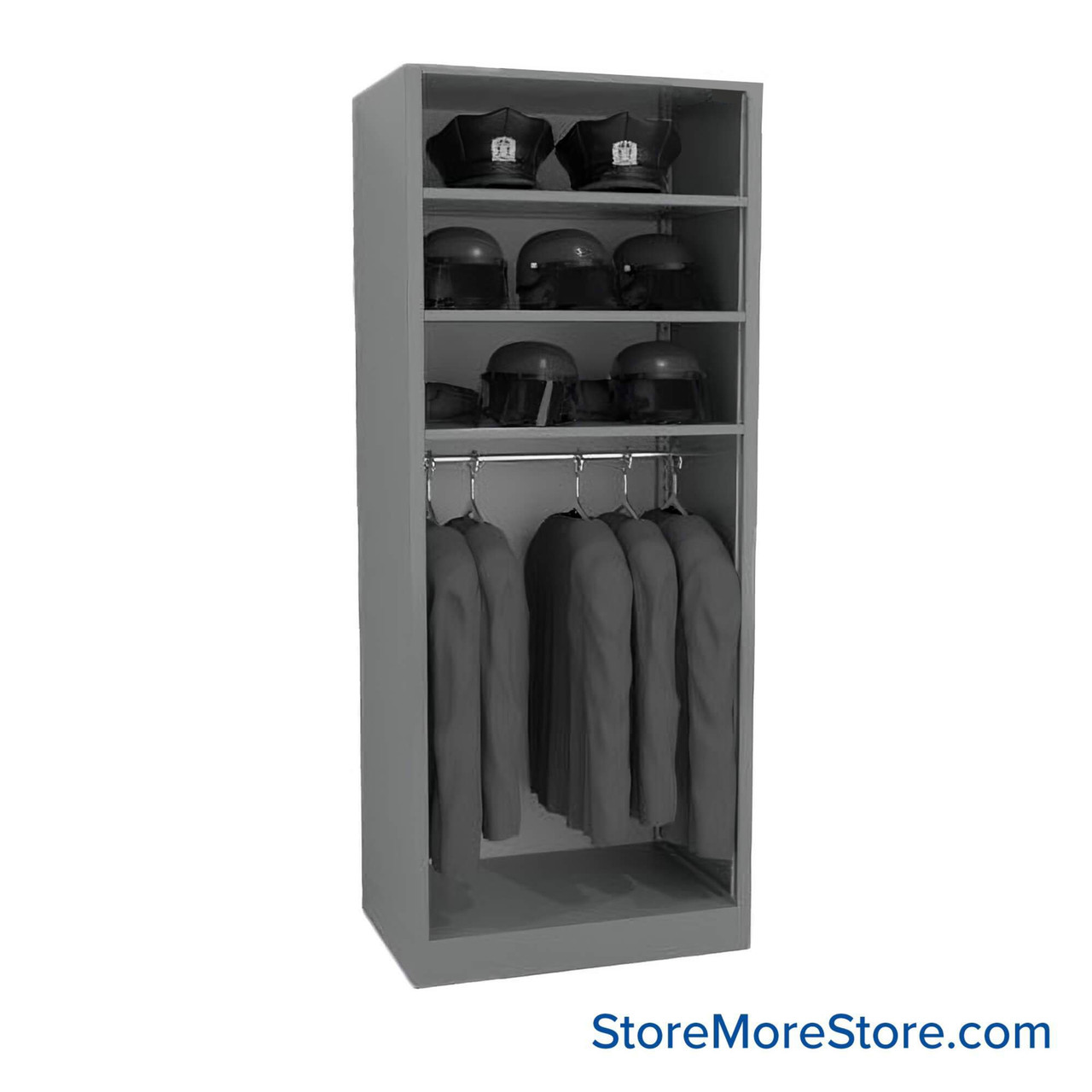 Uniform Hanging Rack, 36" W x 88" H, 3 Shelves, Solid Door, Key Lock
