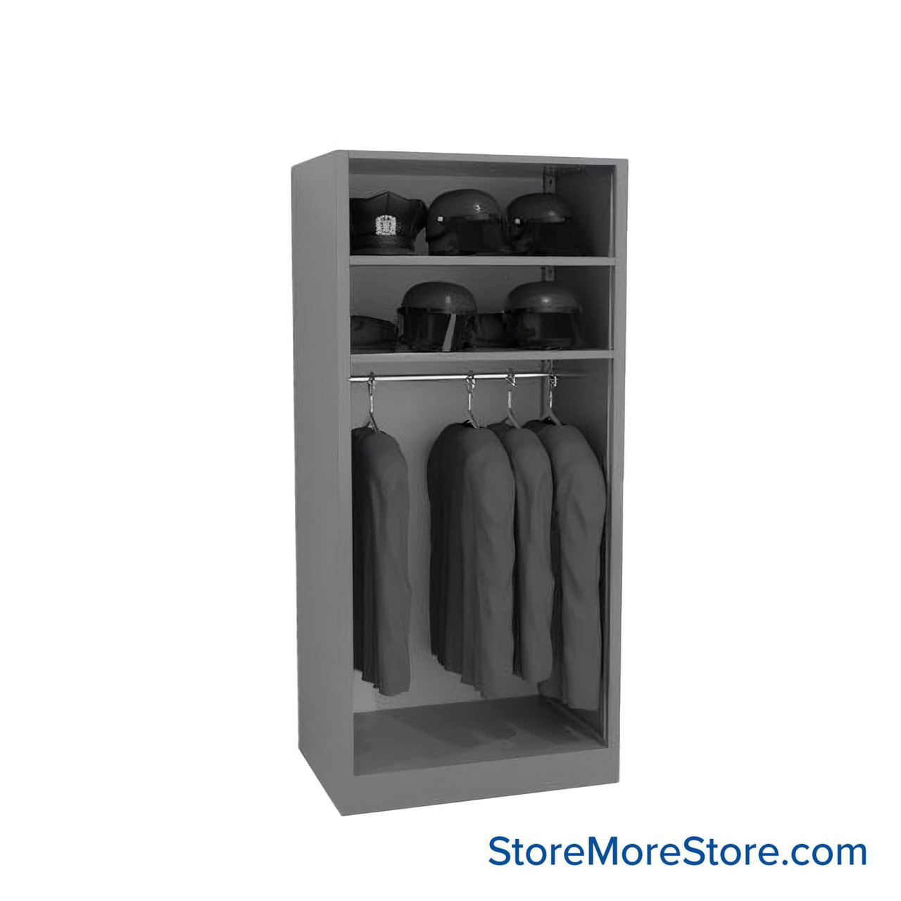 Uniform Hanging Rack, 36" W x 76" H, 2 Shelves, Solid Door, Key Lock