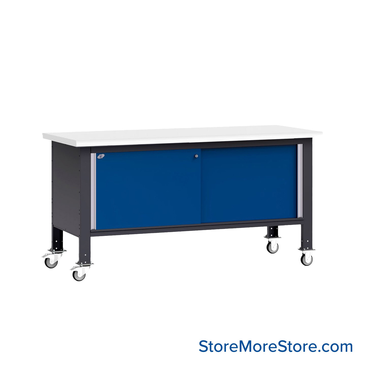 Mobile Workbench, 72" W x 30" D x 35" H, Cabinet Workbench, Laminate, Includes Casters