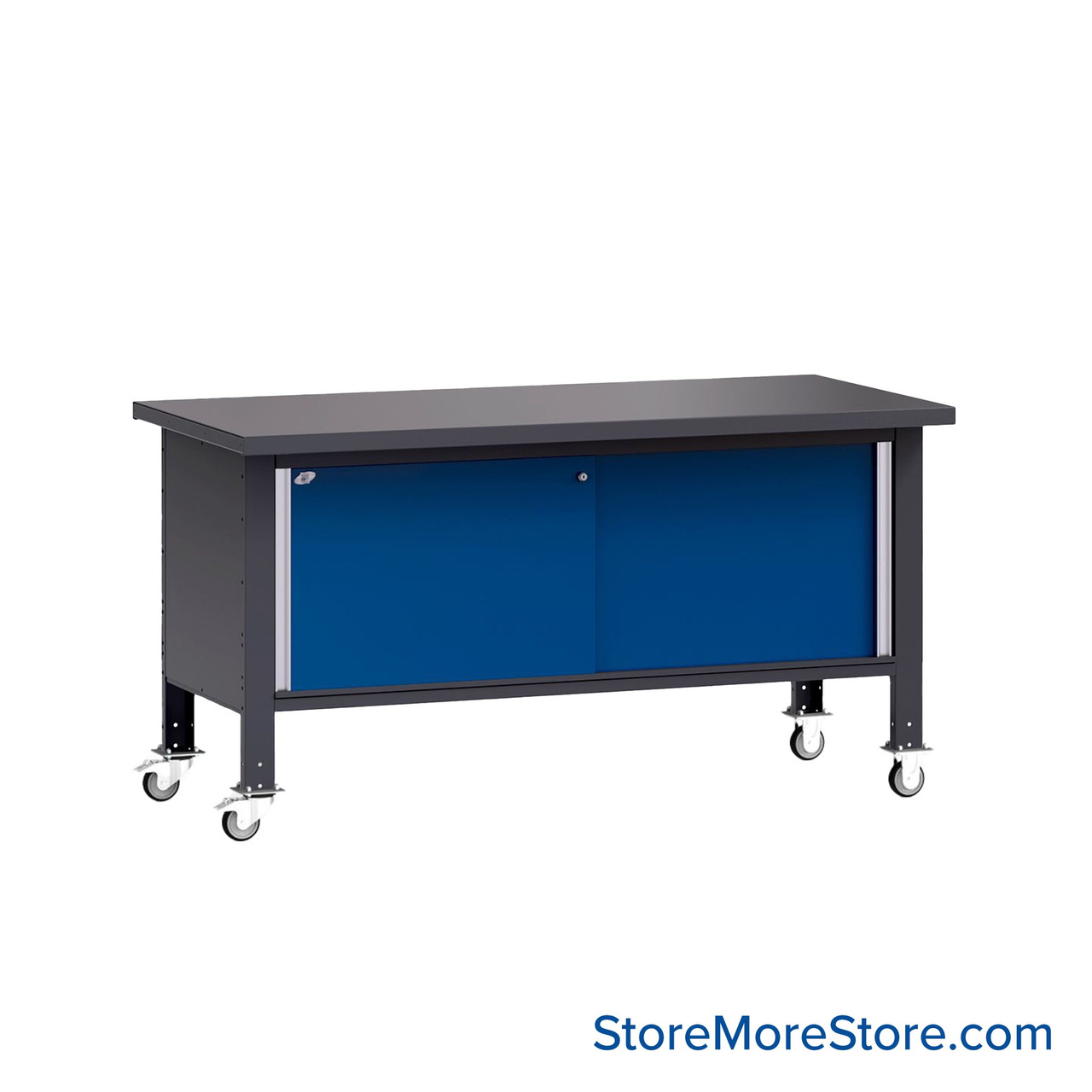 Mobile Workbench, 72" W x 30" D x 35" H, Cabinet Workbench, Steel, Includes Casters