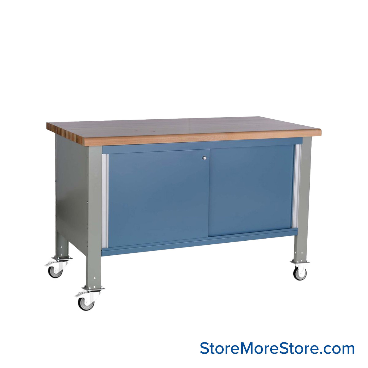 Mobile Workbench, 60" W x 30" D x 35" H, Cabinet Workbench, Butcherblock, Includes Casters