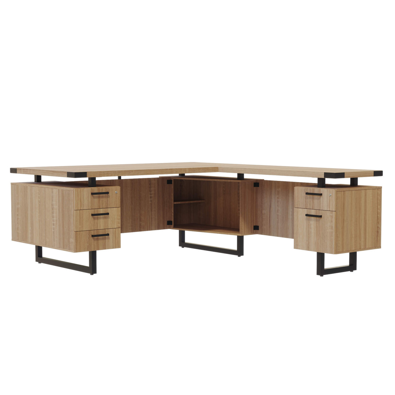 L-Shaped Office Desk with Floating Top and Dual Storage