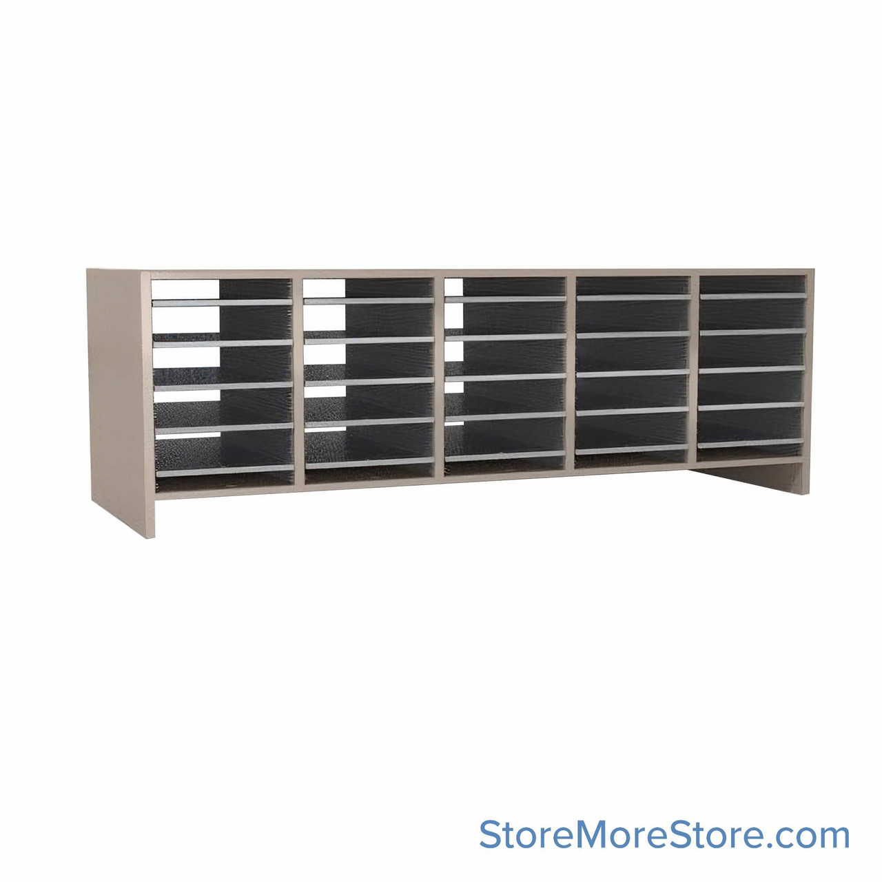 Legal Size Mail Sorter, 59.75" W x 21" H, 18" Sorting Height, Laminate Sorter Back, 3" Closed Back Riser