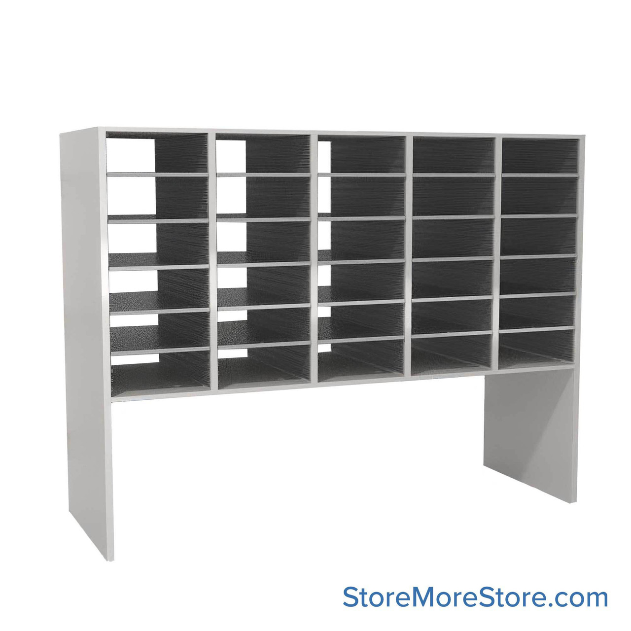 Legal Size Mail Sorter, 59.75" W x 48" H, 30" Sorting Height, Laminate Sorter Back, 18" Closed Back Riser