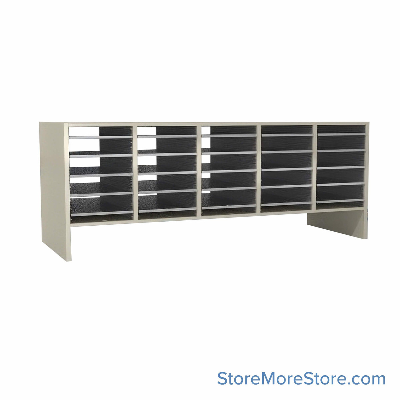 Legal Size Mail Sorter, 59.75" W x 24" H, 18" Sorting Height, Laminate Sorter Back, 6" Open Back Riser
